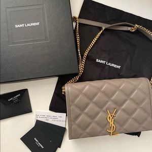 YSL Saint Laurent Chain Wallet in warm taupe with gold chain.